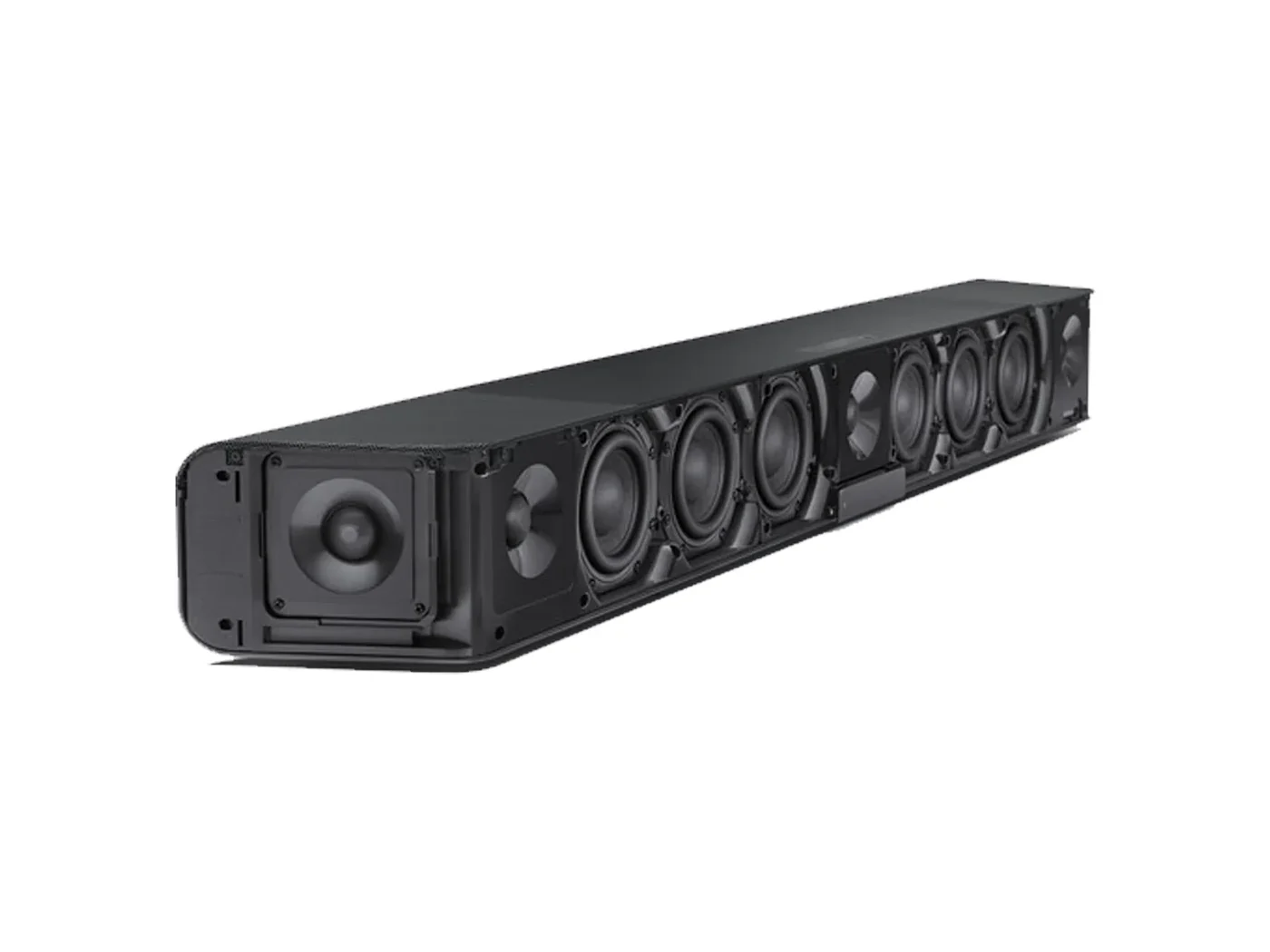 AMBEO Soundbar Max with the grille removed, showing the woofer and tweeter array
