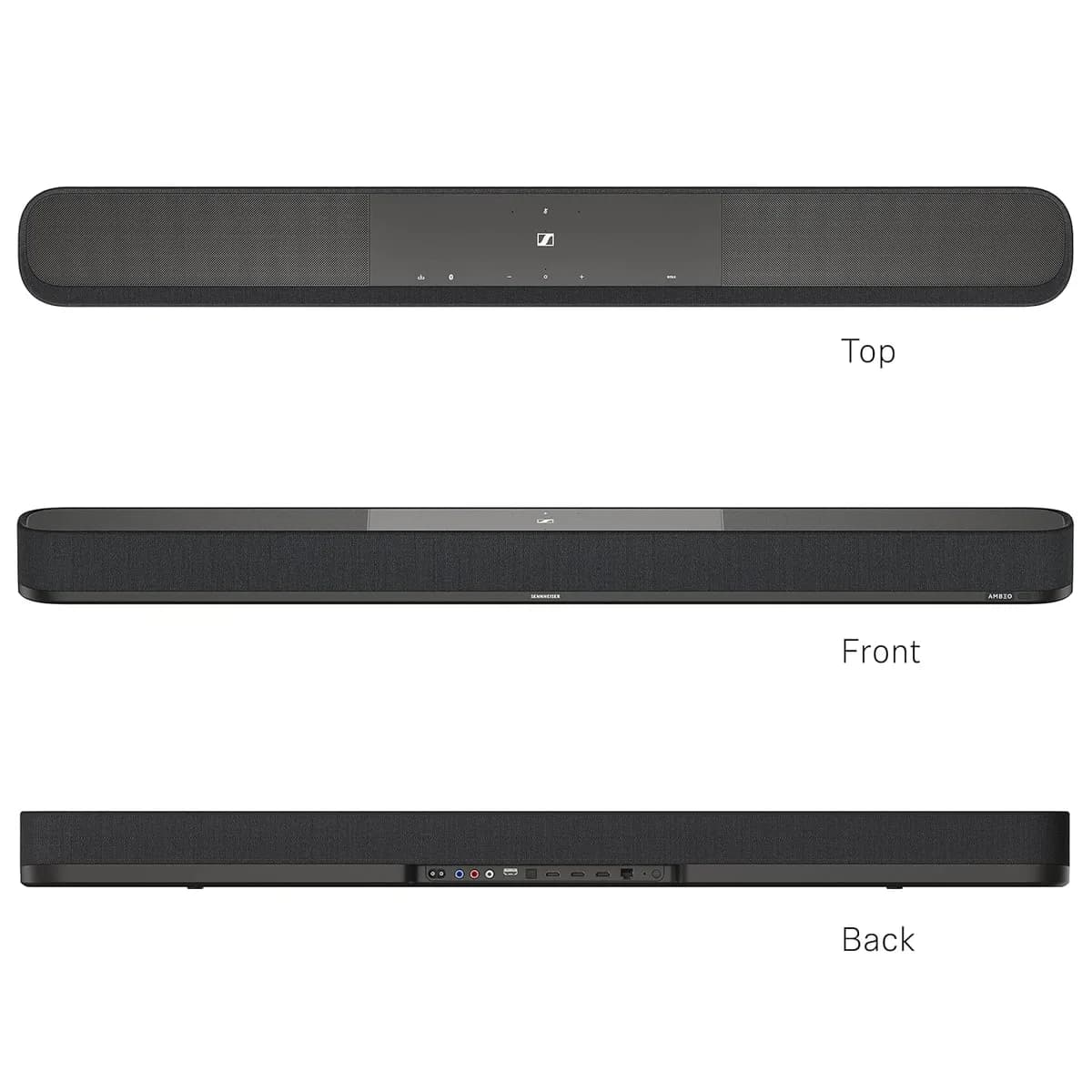 Top, front and rear elevations of the AMBEO Soundbar Plus showing the connection panel
